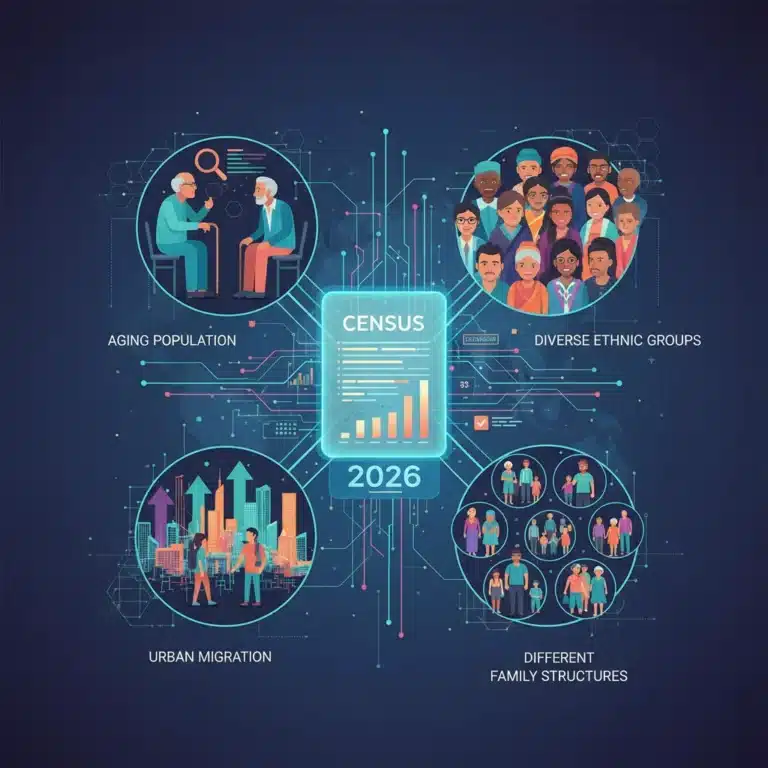 Infographic showing key demographic shifts for 2026 census, including aging, diversity, and urbanization.