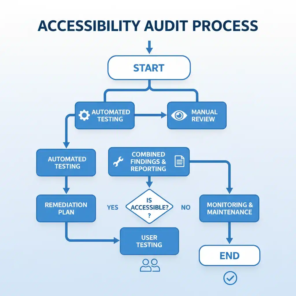 Flowchart illustrating the steps involved in a comprehensive digital accessibility audit.