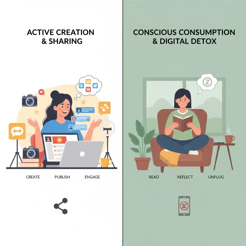 Infographic depicting active content creation versus mindful consumption or digital detox on social media