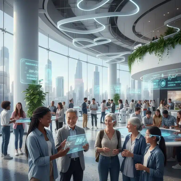 Diverse group adapting to modern social interactions in 2026