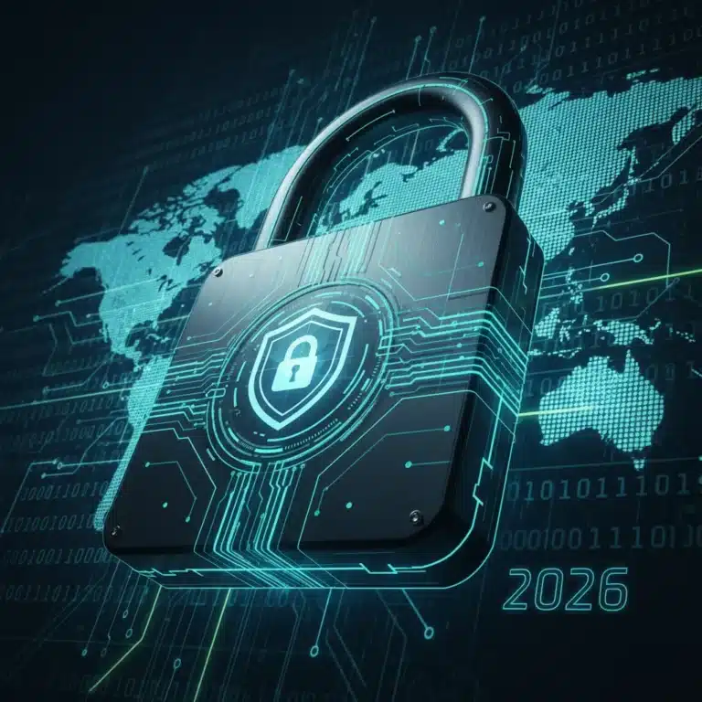 Advanced digital padlock securing data in a global network, symbolizing robust cybersecurity.