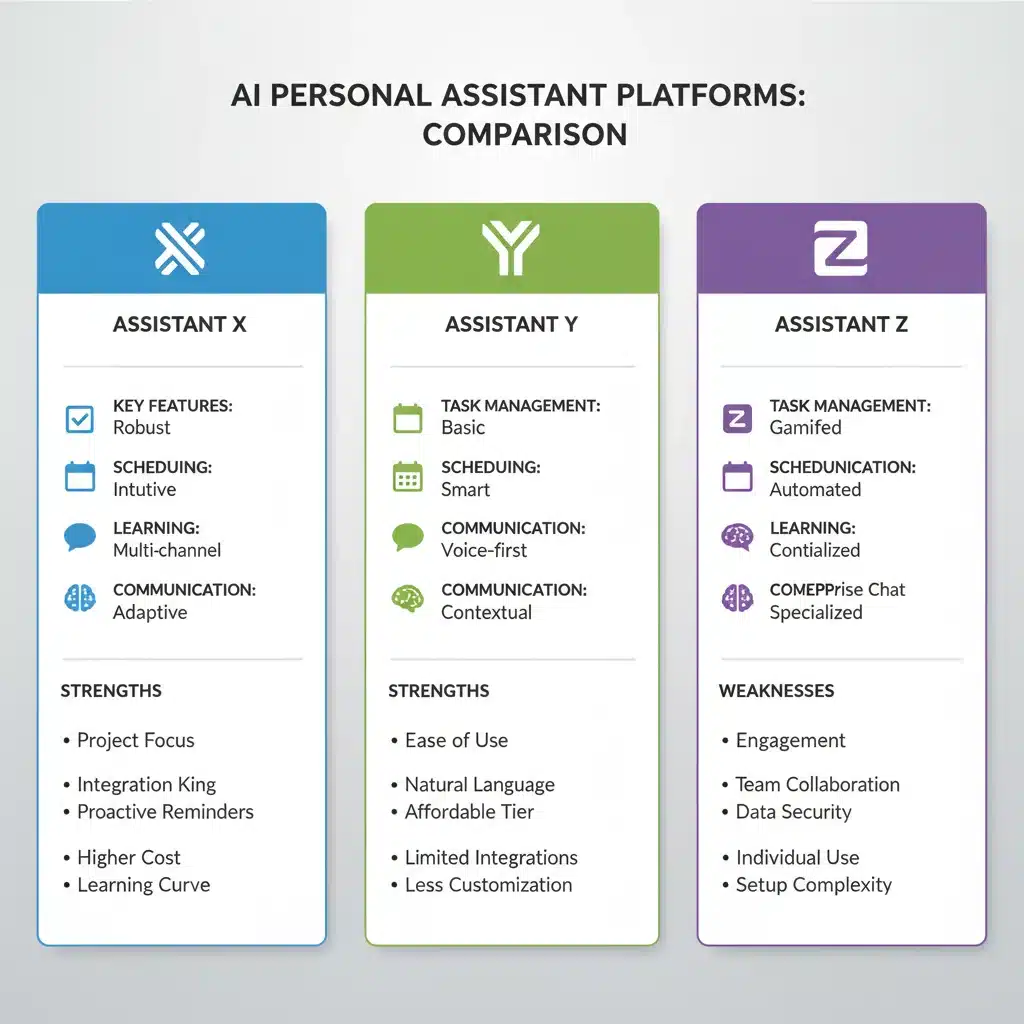 Infographic comparing features of top AI personal assistant platforms.