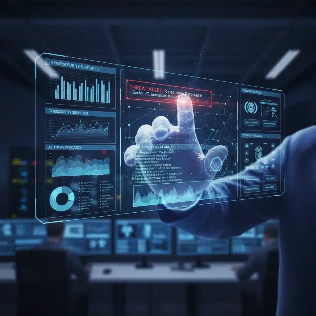 Holographic cybersecurity dashboard showing real-time threat analysis and security protocols.