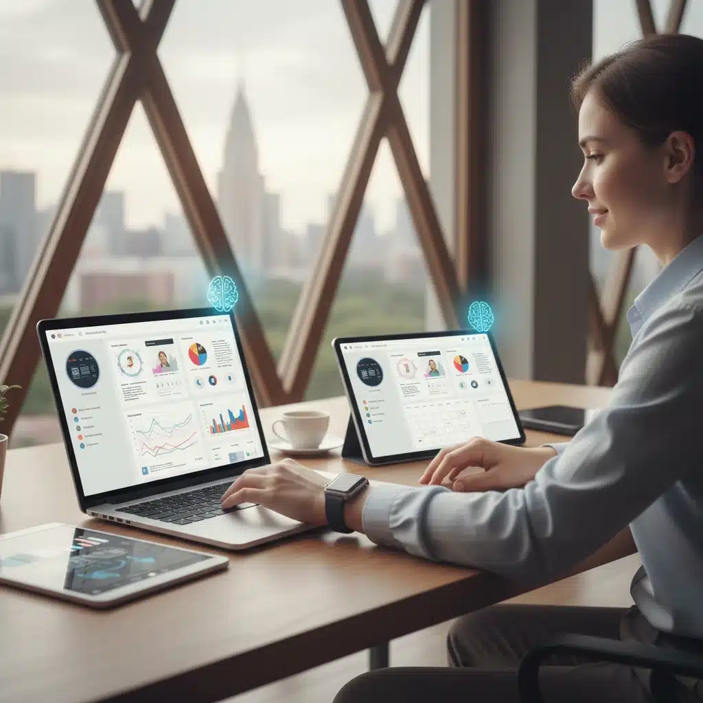 Professional using AI assistant for efficient multi-tasking and productivity.