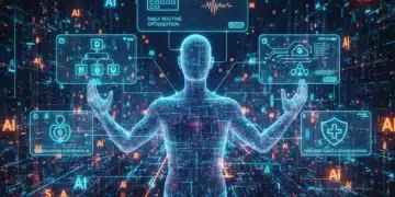 Futuristic digital landscape with AI personal assistants integrating into daily life.