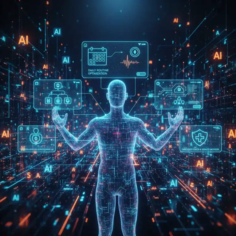 Futuristic digital landscape with AI personal assistants integrating into daily life.