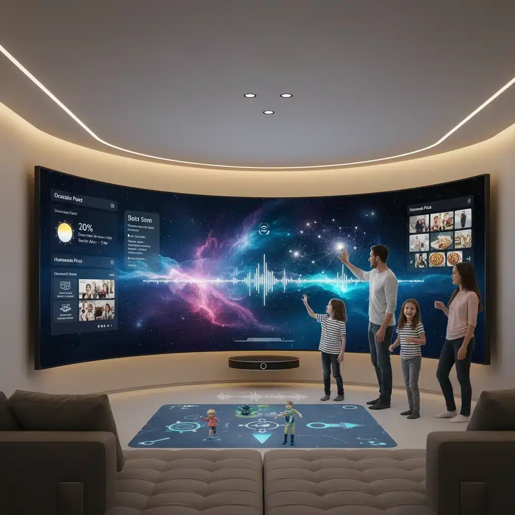 Family interacting with personalized AI-driven home entertainment system