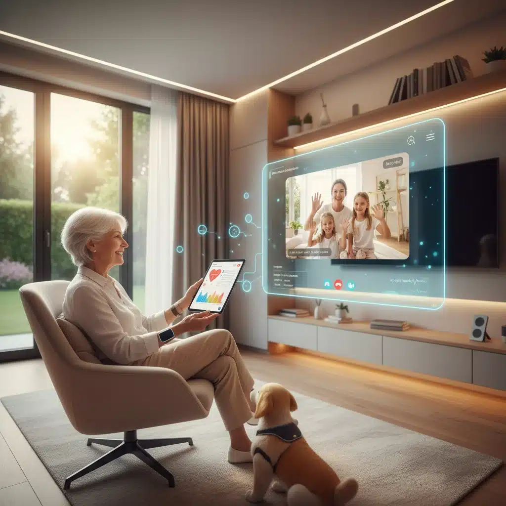 Elderly person using AI in a smart home for health and social connection.