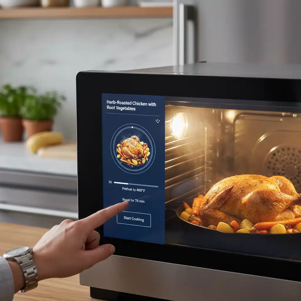 Smart oven display with AI-powered recipe guidance, highlighting kitchen technology.
