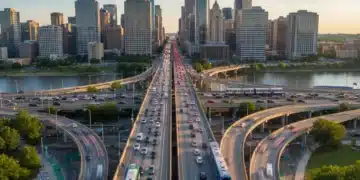 Diverse American commute options: cars, public transit, bikes in urban landscape.