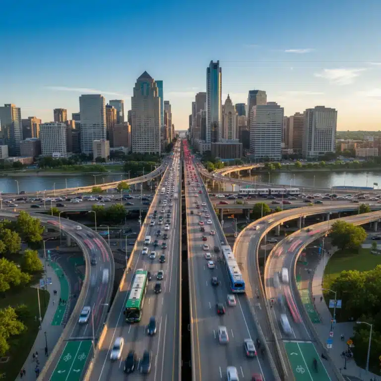 Diverse American commute options: cars, public transit, bikes in urban landscape.