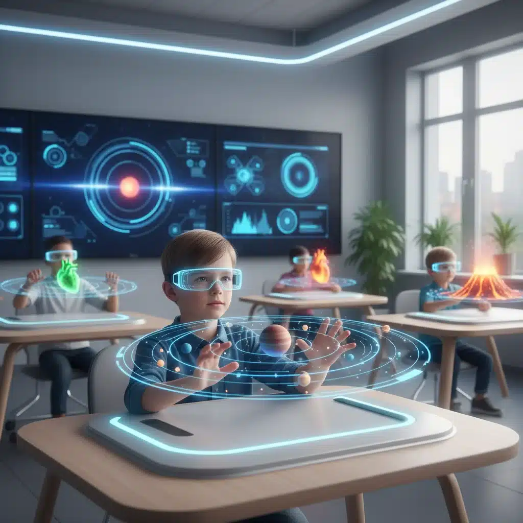 Child in a classroom using AR glasses to interact with a holographic solar system model, illustrating educational consumer AR applications.