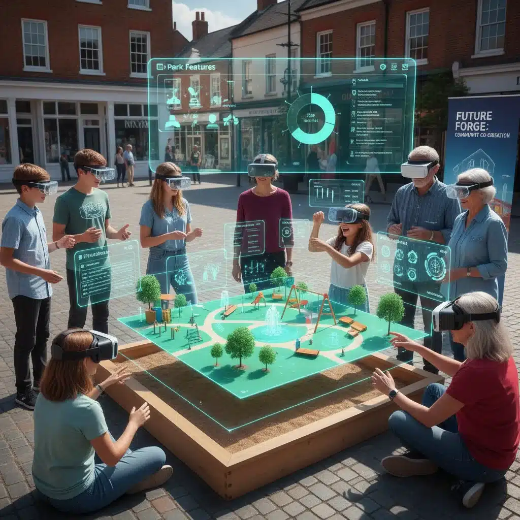 Individuals using AR/VR for community project planning, illustrating digital localism.