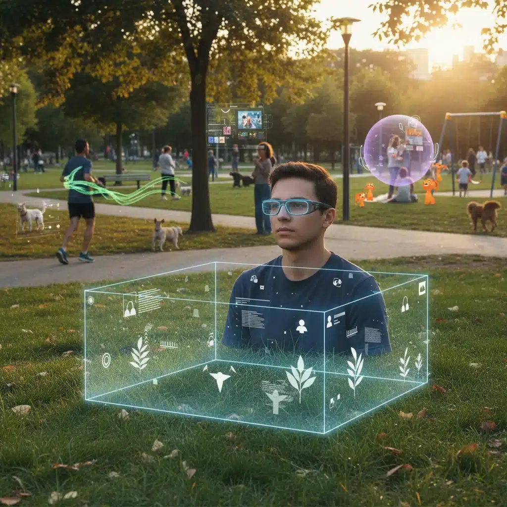 Person using augmented reality glasses to define personal digital space in a public park