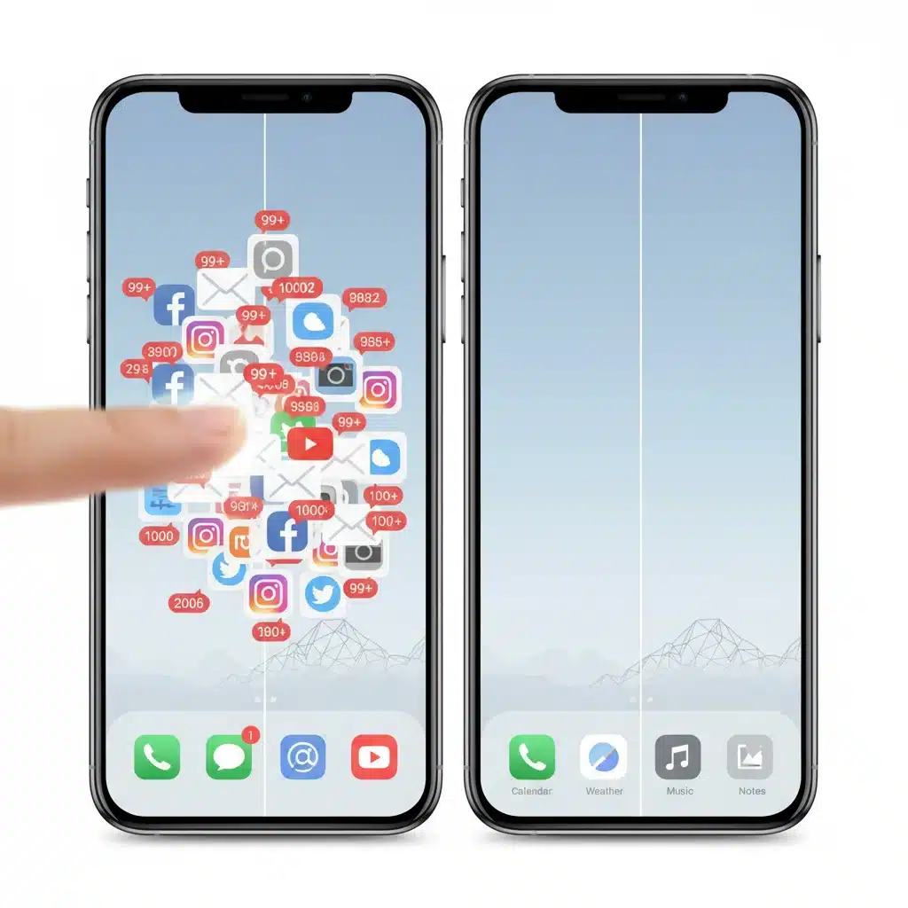 Smartphone transitioning from cluttered notifications to clean home screen