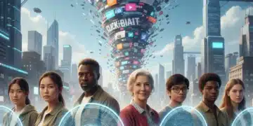 Diverse individuals holding digital shields against swirling misinformation, symbolizing social resilience in 2026.