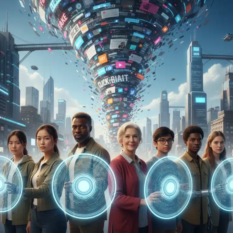 Diverse individuals holding digital shields against swirling misinformation, symbolizing social resilience in 2026.