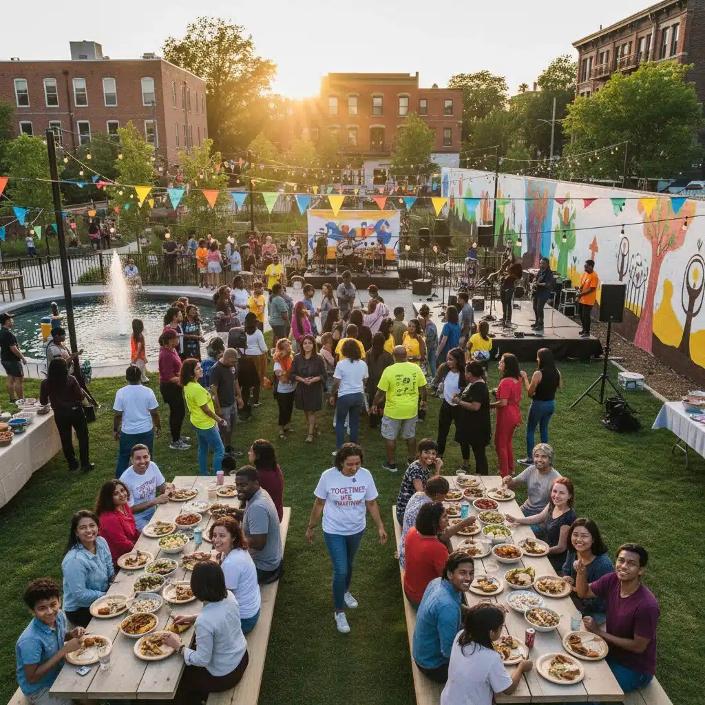 Diverse community members participating in a local event, fostering social cohesion.