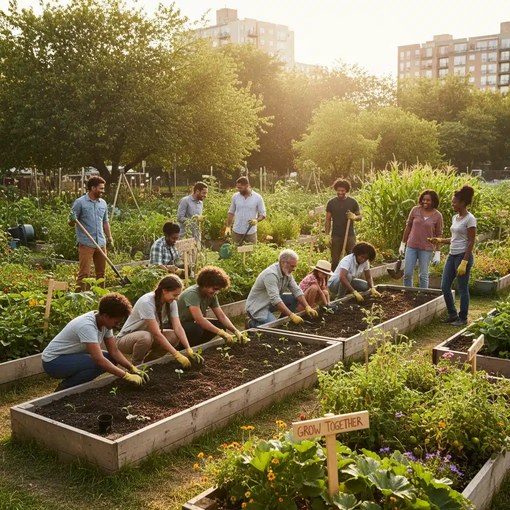 Community garden project with diverse people planting and collaborating
