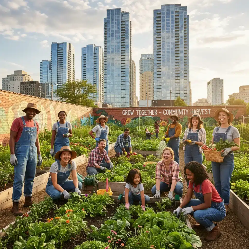 Diverse group collaborating in a community garden, highlighting the resurgence of local community bonds.
