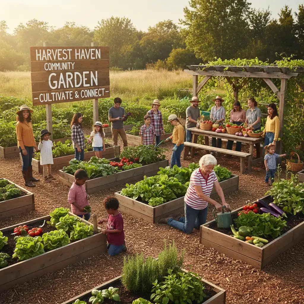Diverse community members tending to a vibrant urban garden