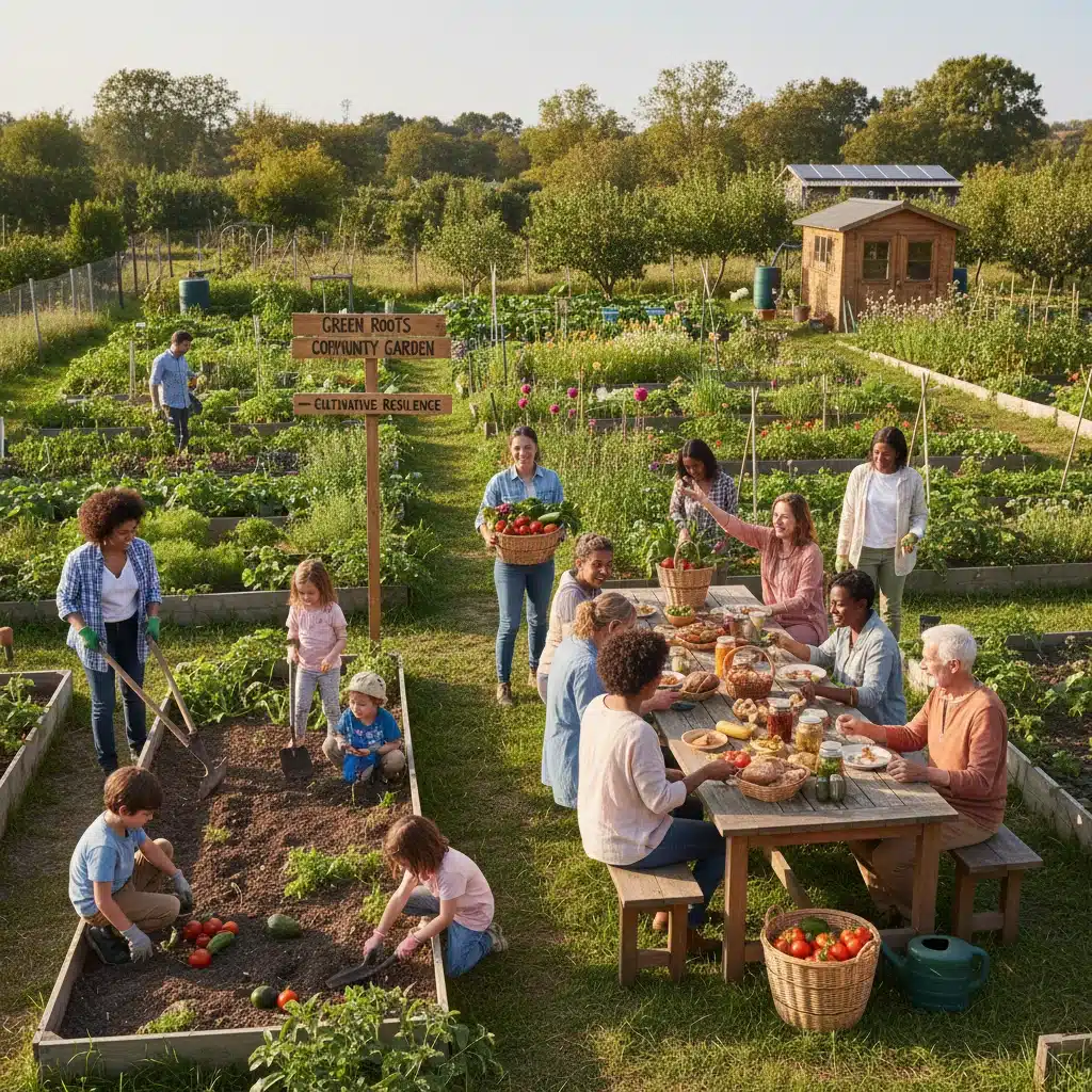 Community members actively engaging in a vibrant urban garden, fostering local bonds.
