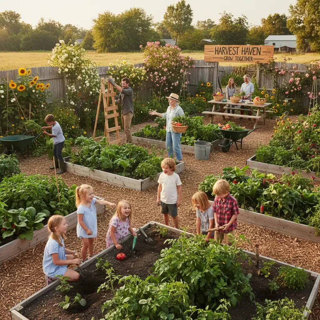 Community members of all ages working together in a vibrant garden, promoting shared purpose.