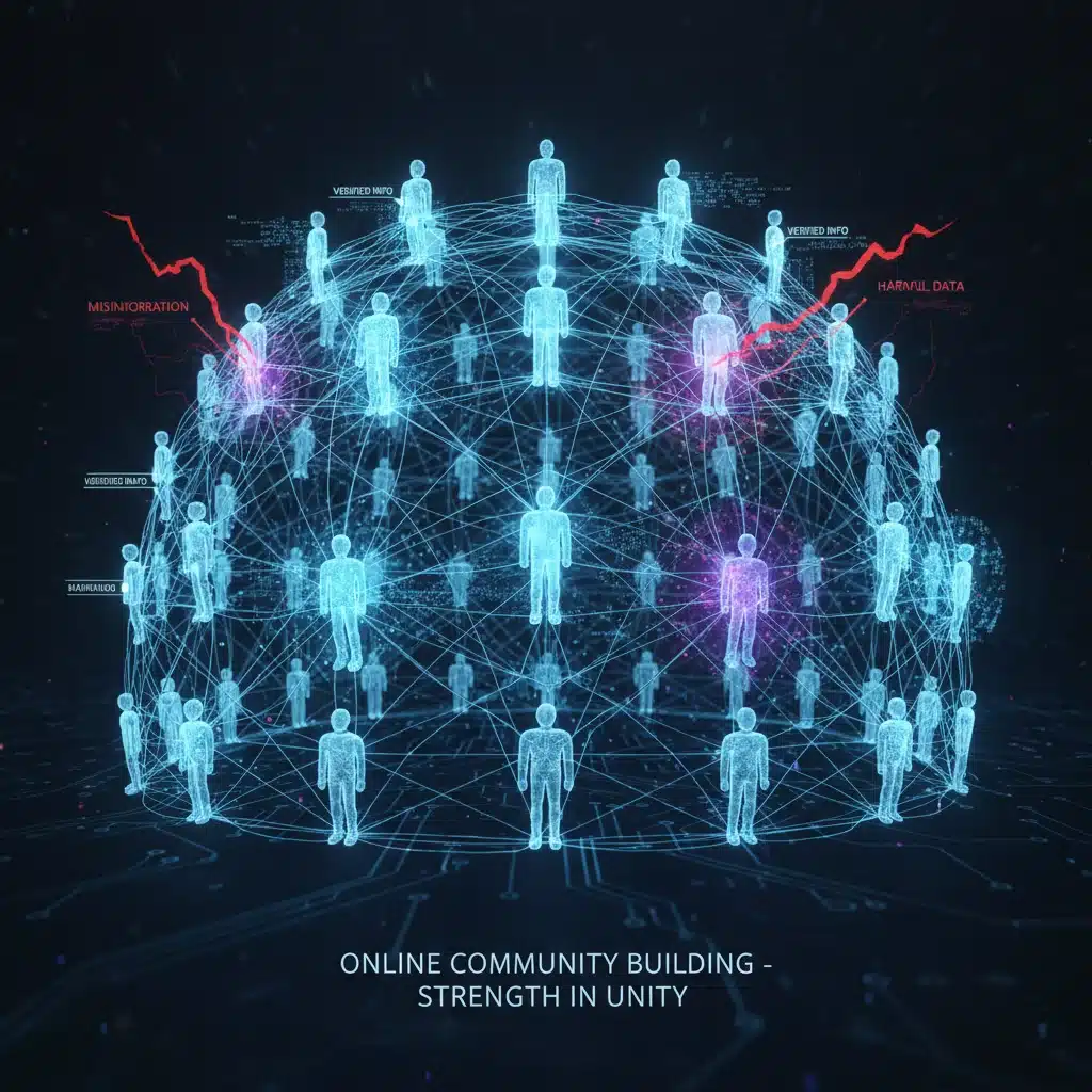 Interconnected network of people forming a resilient community, sharing verified information and blocking misinformation.