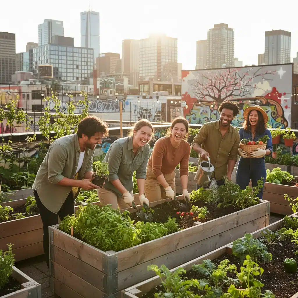 Friends engaging in urban gardening, highlighting community leisure.