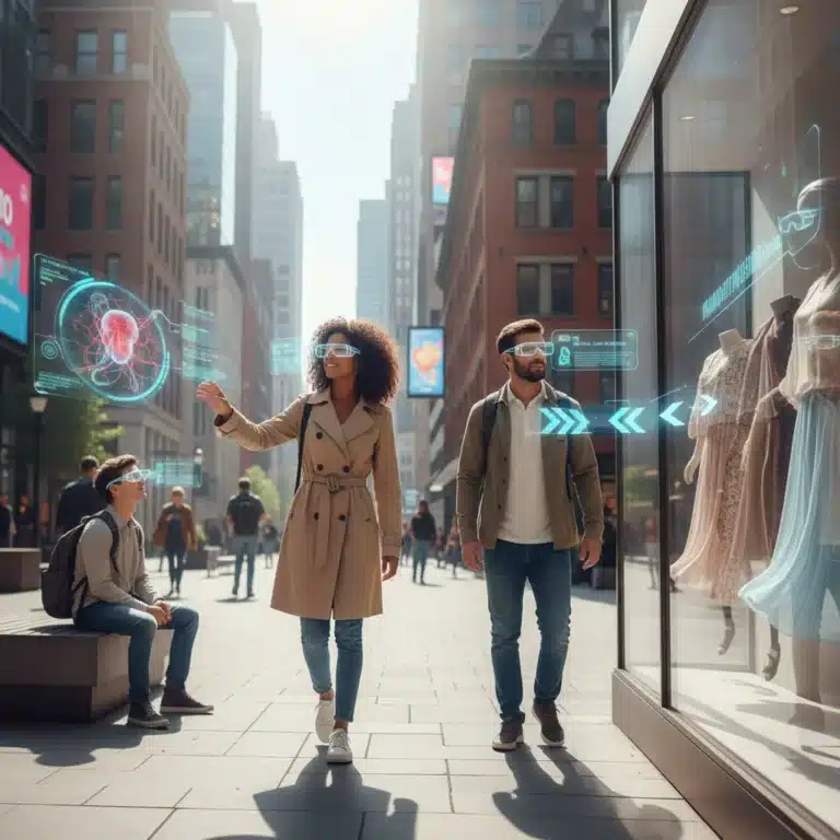 People using augmented reality glasses in an urban environment, showcasing various consumer AR applications like navigation, virtual try-on, and educational content.