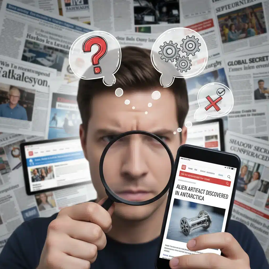 Person using a magnifying glass to critically examine a news article on a smartphone, representing critical thinking.