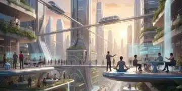 Futuristic cityscape with diverse individuals embracing new work and life paradigms, symbolizing cultural shifts in 2026.