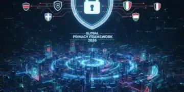 Futuristic digital landscape with data streams and a protective shield, illustrating data privacy laws in 2026.
