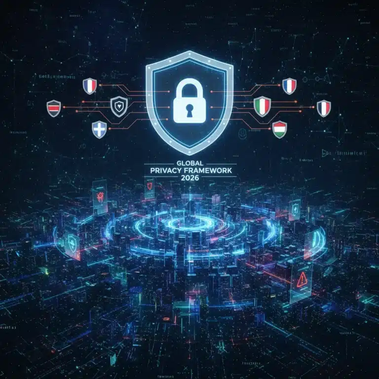 Futuristic digital landscape with data streams and a protective shield, illustrating data privacy laws in 2026.