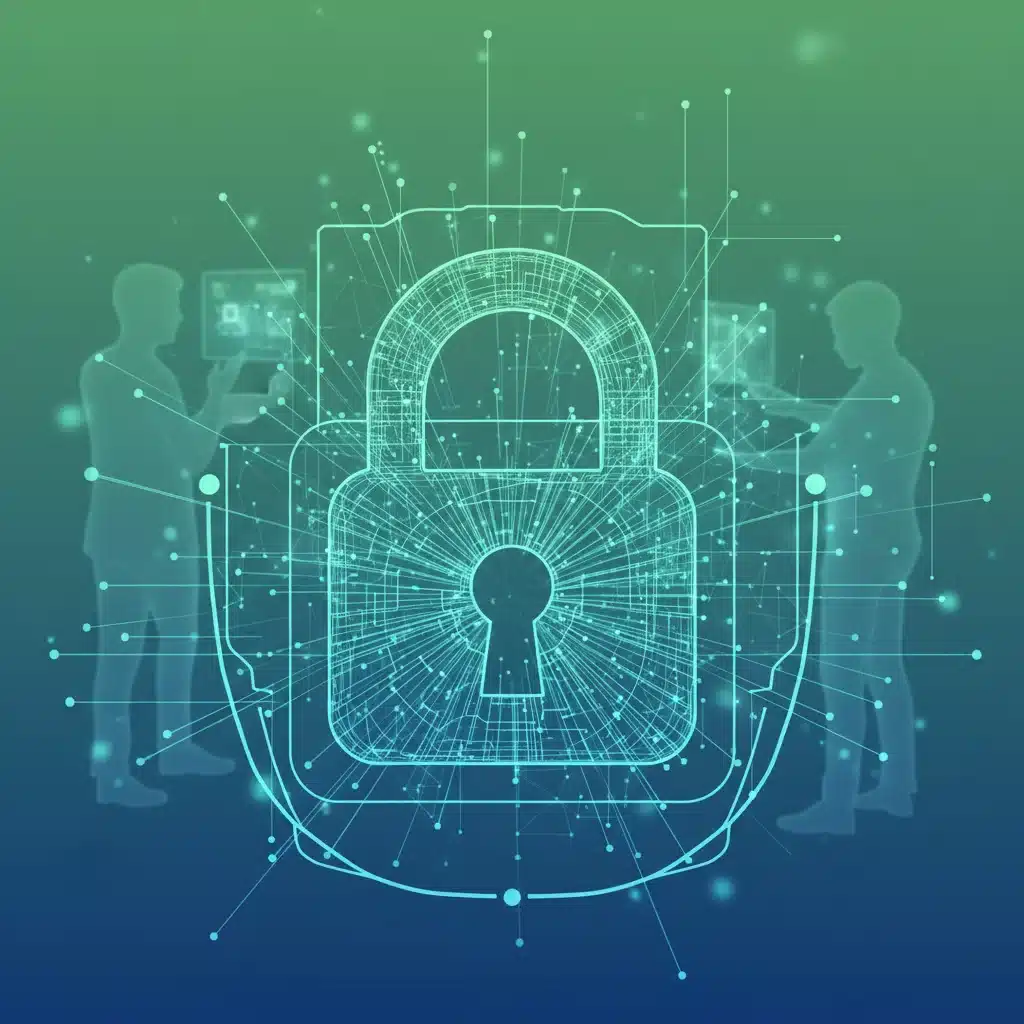 Data privacy and security represented by a padlock and interconnected network nodes, symbolizing secure digital interactions.