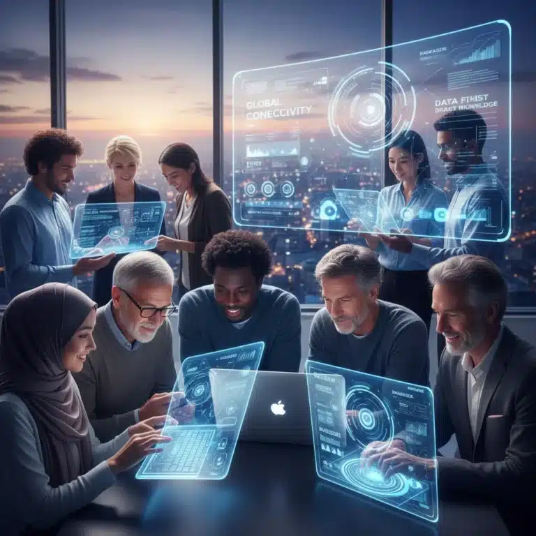 Diverse people engaging responsibly with digital technology in a modern, interconnected world representing digital citizenship in 2026.