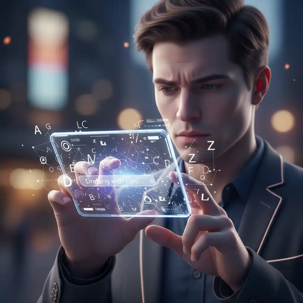 Person carefully crafting digital message on futuristic phone