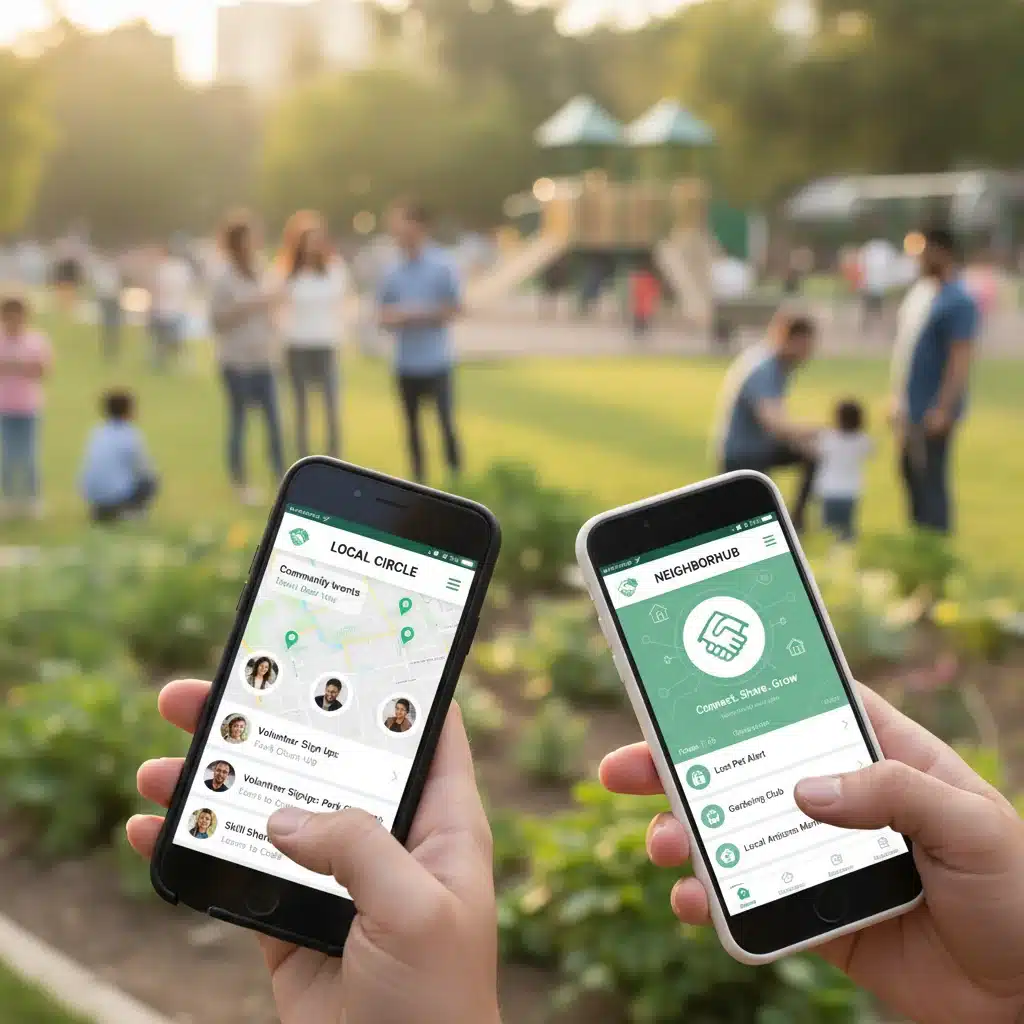 Hands holding smartphones showcasing community apps, blending digital and physical interaction.