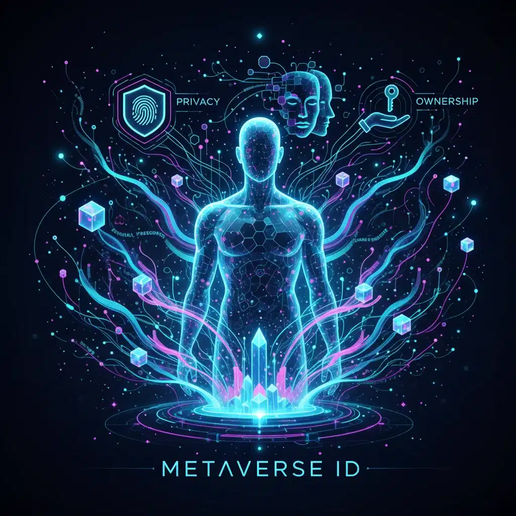 Digital identity concept with interconnected data and human silhouette.
