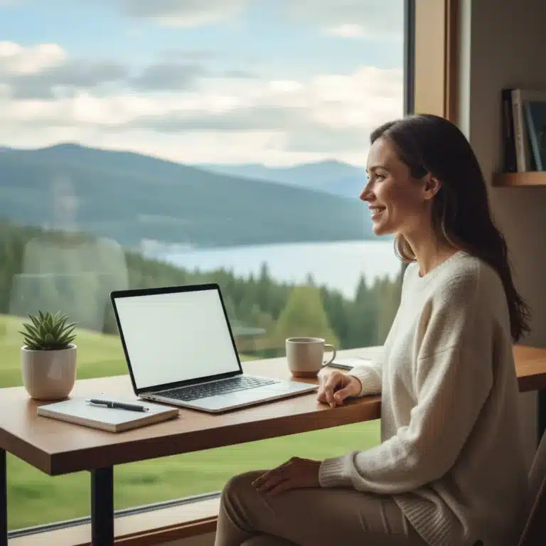 Woman achieving digital-life balance at modern workspace