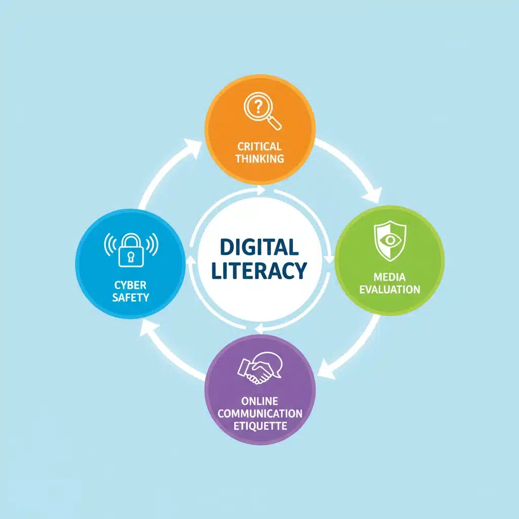 Infographic detailing critical components of digital literacy: critical thinking, media evaluation, online communication, and cyber safety.