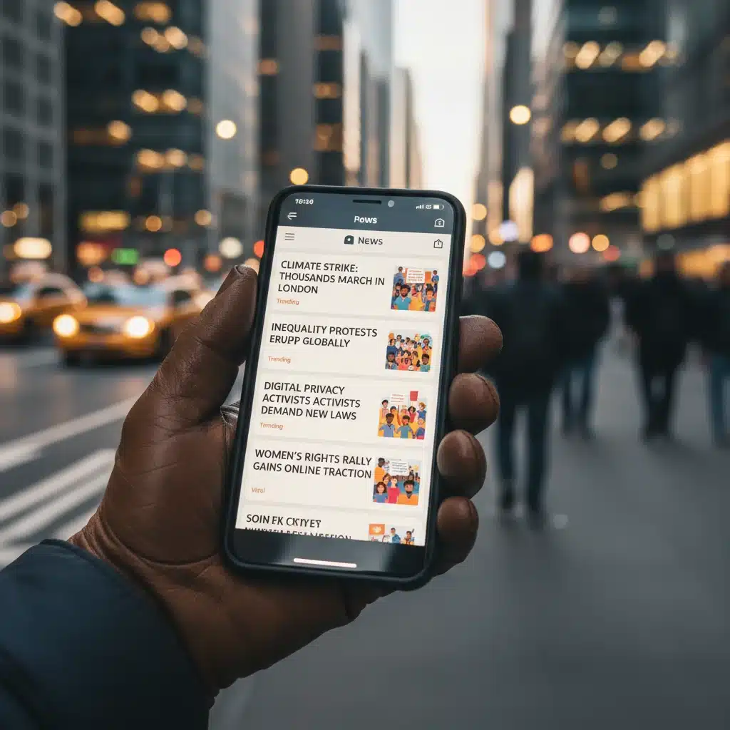 Smartphone displaying news about global social issues, symbolizing the role of digital media in modern activism.