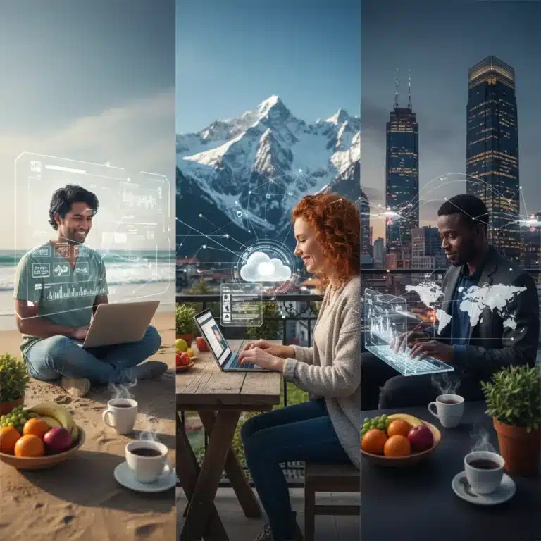 Digital nomads working remotely in 2026, diverse global locations