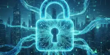 Enhance Digital Privacy: 5 Steps for 2026 Regulations Digital lock protecting data streams, symbolizing enhanced online privacy and 2026 regulations.
