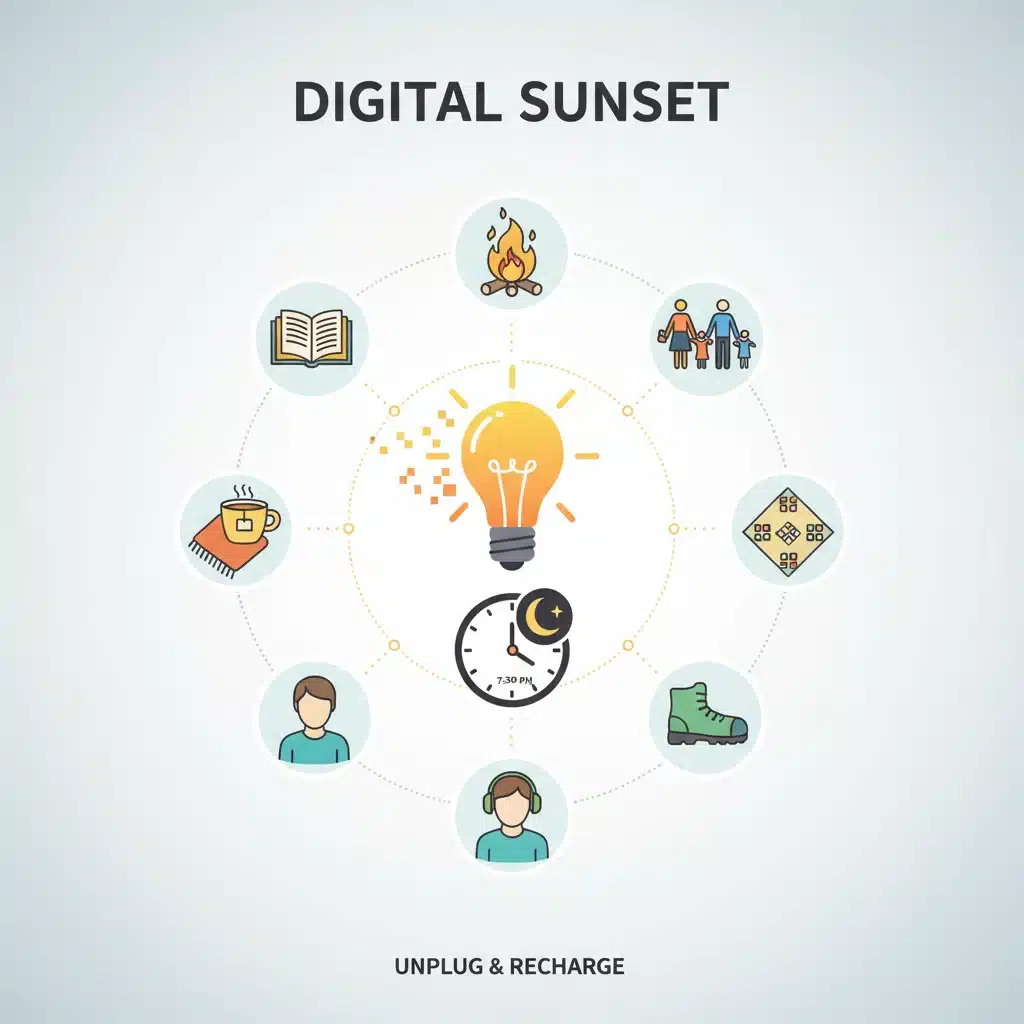 Infographic showing digital sunset concept with relaxing evening activities.