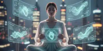 Mastering Digital Wellness in 2026: Your Essential Guide Person meditating with futuristic digital interfaces, promoting digital balance and well-being in 2026.