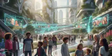 Diverse Americans connecting in a futuristic park, representing societal unity in 2026.