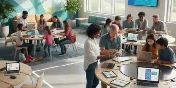 Diverse community collaborating on digital devices, symbolizing digital inclusion