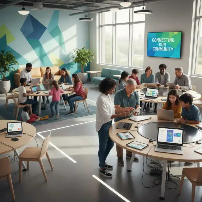 Diverse community collaborating on digital devices, symbolizing digital inclusion