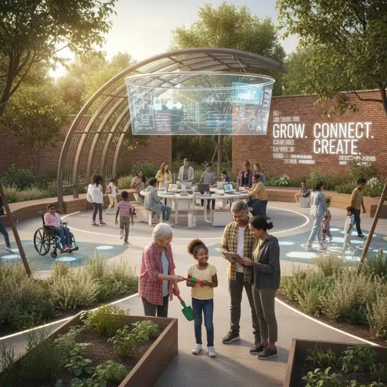 Diverse community members engaging in a modern, collaborative setting, symbolizing new social norms.